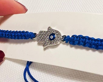 Hamsa Evil Eye Bracelet, Diamonds Hamsa Hand Evil Eye with Adjustable String | Blue Eye, Greek Eye Jewelry, Mothers Day Gift, Gift for Her