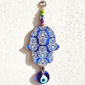 Handmade Wooden Hamsa Wall Hanging with Evil Eye Amulet