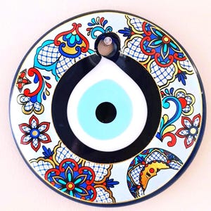 Handmade Glass Evil Eye Wall Hanging,  Hand-Painted Glass Evil Eye Charm