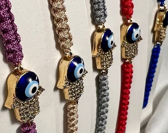 Hamsa Hand Evil Eye Bracelet Adjustable String | Diamonds on Gold Hand of Fatima & Big Evil Eye  | Greek Eye Jewelry, Mothers Day Gift