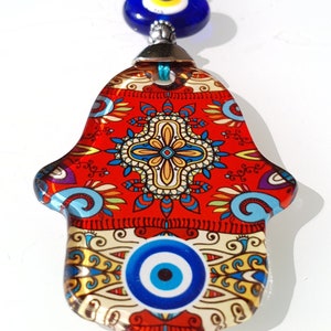 Colgante de pared con Hamsa y mal de ojo con opción de regalo de Navidad, letra escrita a mano, adornos de vidrio, decoración de pared con Hamsa.