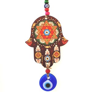 Handmade Wood Hamsa Evil Eye Wall Hanging: Jewish Star Decor