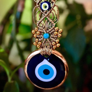 Handmade Evil Eye Wall Hanging Gold Macrame with 8.5 cm (3.3 inches) Evil Eye, Nazar, Turkish Greek Eye, Protection Amulet Home Decor Gift