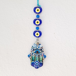 Colgante de pared con Hamsa y mal de ojo, opción de regalo, letra manuscrita vintage, pequeños adornos de vidrio para árbol, decoración de pared con Hamsa