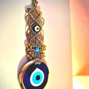 Handmade Gold Macrame Evil Eye Wall Hanging, Gold & Glass 7cm Evil Eye Charm, Nazar, Protect, Amulet