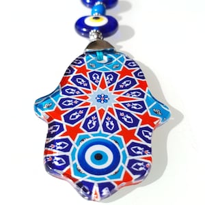 Colgante de pared con Hamsa y mal de ojo, opción de regalo, letra manuscrita vintage, adornos de vidrio, decoración de pared con Hamsa.