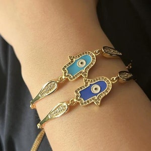 Hand of Fatima Jewelery | Hamsa Evil Eye Bracelet Diamonds Adjustable String | Blue Eye, Greek Eye Jewelry,,