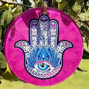 Hamsa Evil Eye Wall Hanging, 6.3 inch Glass Painted Hand of Fatima Hang, Spiritual Wall Decor, Protection Wall Decor
