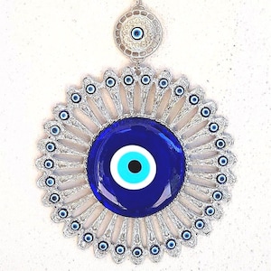 Colgante de pared de cristal hecho a mano con forma de ojo malvado, placa de plata inoxidable, colgante de pared de protección contra el mal de ojo,