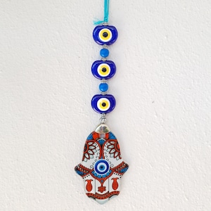 Colgante de pared con Hamsa y mal de ojo, opción de regalo, letra manuscrita vintage, adornos de vidrio con pez y mal de ojo, decoración de pared con Hamsa
