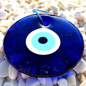 Glass Blue Evil Eye Wall Hanging, 9cm and 13cm Dia Protection Hanging, Blue Eye Hanging, HandPainted Glass Evil Eye Charm