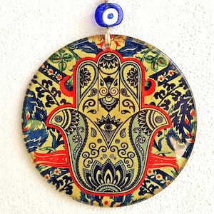 Handmade Glass Hamsa Hand Evil Eye Wall Hang, Hamsa Hand Evil Eye Wall Decor, Hamsa Wall Art
