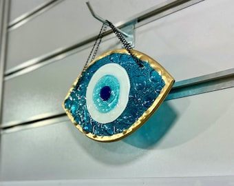 Handmade Glass Evil Eye Wall Hanging, Evil Eyes Ornament, Home Decor, Housewarming Gift, Nazar, Mothers Day Gift, Gift for Her, Ocean Blue