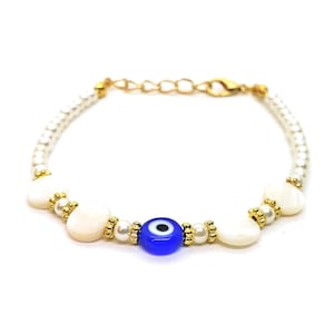Handmade Pearl Evil Eye Bracelet: Beaded Nazar Boncuk Protection Jewelry