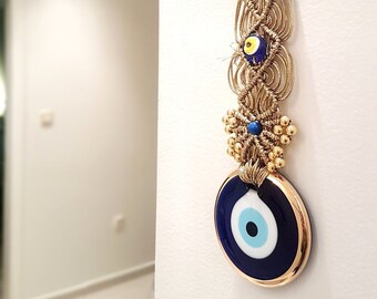 Handmade Gold Evil Eye Wall Hanging, Macrame with 8.5 cm (3.3 inches) Evil Eye, Nazar, Protection, Amulet, Gift for Her, Mothers Day Gift