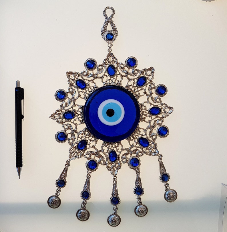 Evil Eye Wall Hanging With Many Blue Beads Metal Plate Nazar Etsy