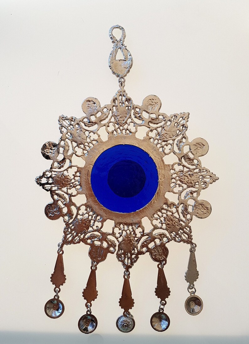 Evil Eye Wall Hanging With Many Blue Beads Metal Plate Nazar Etsy
