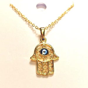 14k Gold Hamsa Evil Eye Pendant Necklace: Fatima Hand Jewelry