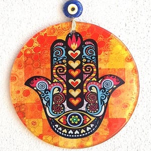 Glass Hamsa Hand Evil Eye Wall Hanging: Spiritual Home Decor