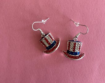 Patriotic USA red, white and blue cz Uncle Sam top hat earrings on French wires