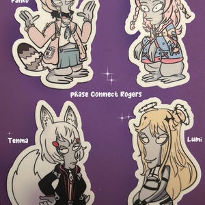 Pode incluir: Quatro designs de adesivos com personagens de desenhos animados com traços de animais. Os adesivos são rotulados como "Panko", "Pippa", "Tenma" e "Lumi". O texto "Phase Connect Rogers" é impresso no centro.