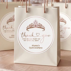 Rose Gold Quinceanera Stickers, Favor Stickers, Sweet Sixteen, Crown, Tiara, Thank you, Girl's Birthday