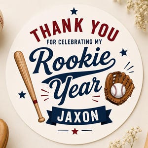 Rookie Year Baseball Thank You Stickers, Sports Birthday Stickers, First Birthday Ball, Boy or Girl Party Favor Label Inch