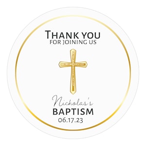 Baptism Thank You Stickers, Cross Favor Stickers, Gold Border, 1.5" - 10" Inch Circle