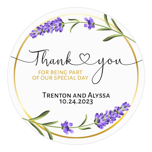 Lavender Wedding Favor Stickers, Wedding Thank You Stickers, Personalized Favor Labels, Wedding Stickers for Favors, Purple Floral Sticker