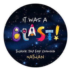 Outer Space Birthday Stickers, It was a Blast, Personalized Party Labels, Planet, Rocket, Asteroid, Satellite Inch