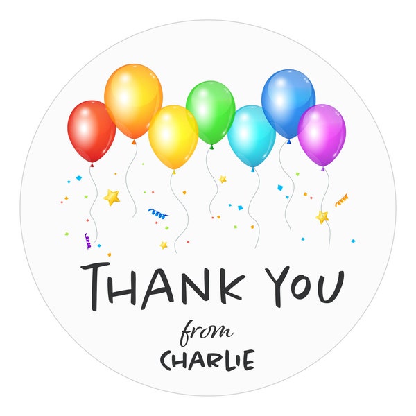 Thank You Rainbow Balloon Stickers, Multi Colored Favor Stickers, Birthday Labels, Kid Party, Colorful Child Sticker, Boy or Girl, Bright