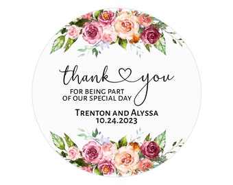 Red Flowers, Favor Stickers, Wedding Thank You Stickers, Personalized Favor Labels, Fall, Watercolor Gold Border, Red, Pink, Heart