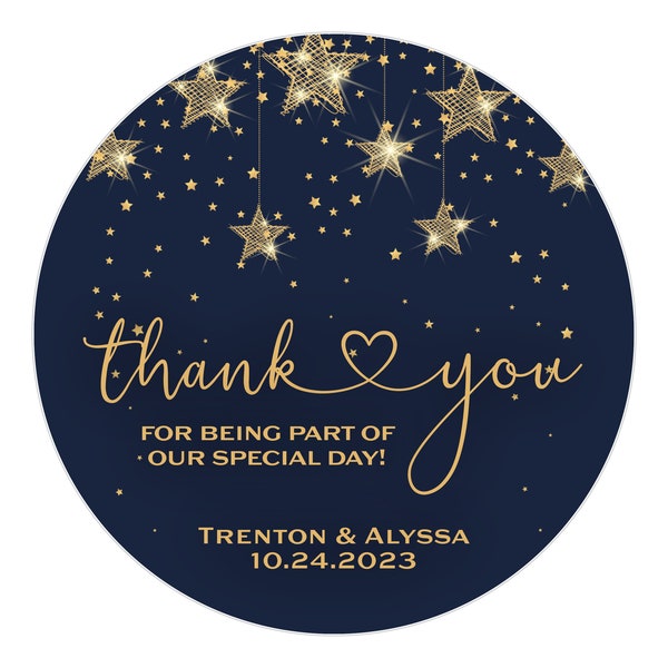 Starry Night Thank You Stickers, Personalized Favor Labels, Wedding Stickers for Favors, Celestial Night Sky, Navy Blue Gold