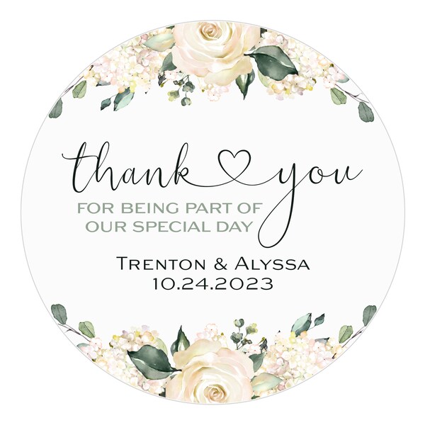 Wedding Favor Stickers, Wedding Thank You Stickers, Personalized Favor Labels, Wedding Stickers, White Floral Sticker, Watercolor, Circle