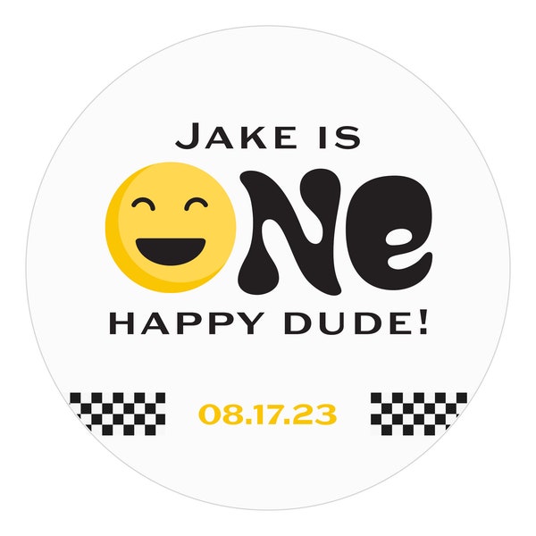 One Happy Dude First Birthday Favor Stickers, Black, White, Yellow, Happy Face Emoji, Checkered, Personalized Favor Labels, Circle