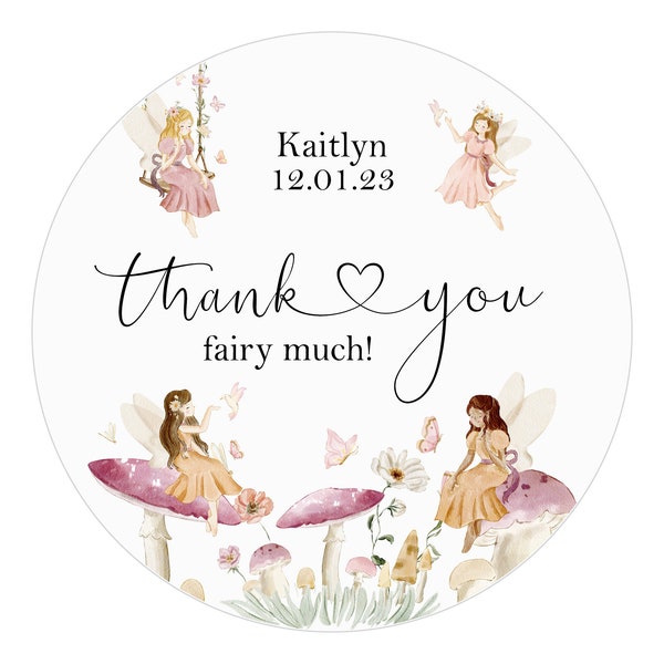 Fairy Birthday Stickers, Watercolor Favor Stickers, Kid Party, Unisex, Party Favor Sticker, Thank you, Mushrooms