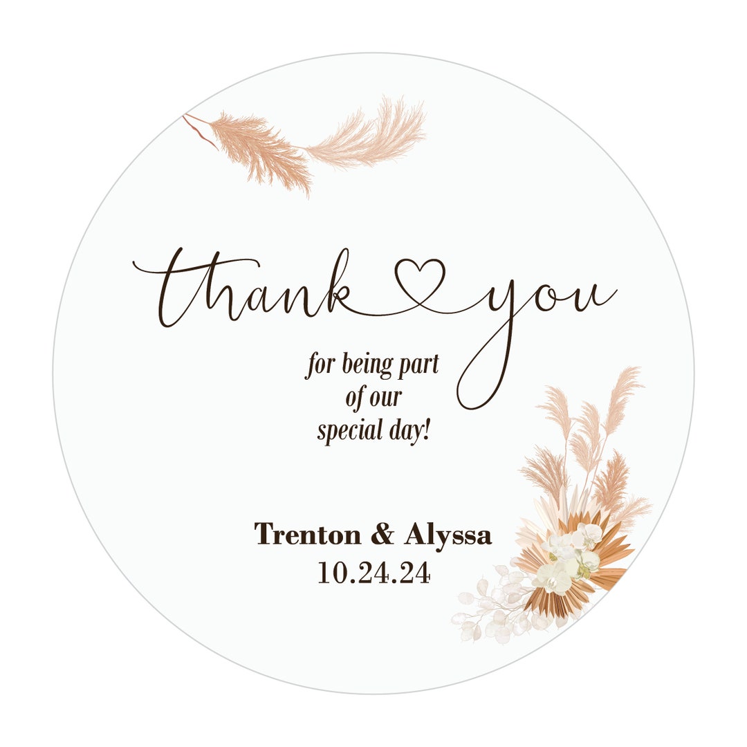 Pampas Grass Wedding Favor Stickers, Boho Wedding Thank You Stickers ...