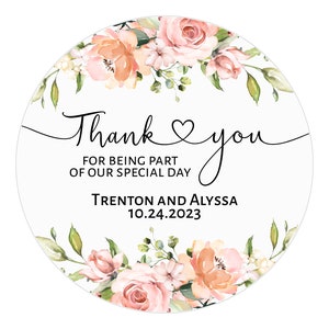 Wedding Thank You Stickers, Floral Favor Stickers, Red Flowers, Pink, 1.5&quot; - 10&quot; Inch, Circle