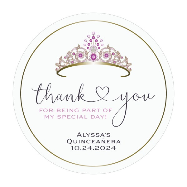 Pink Quinceanera Stickers, Favor Stickers, Gold, Sweet Sixteen, Crown, Tiara, Thank you, Girl's Birthday