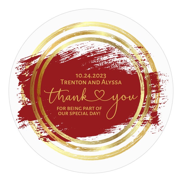 Red and Gold Wedding Thank You Stickers  - Wedding Favor Stickers - 1.5" - 10" Inch, Circle