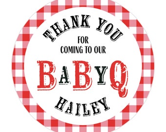 Baby Q Baby Shower Favor Stickers, BBQ Personalized Favor Labels, Red Picnic, Thank you Stickers