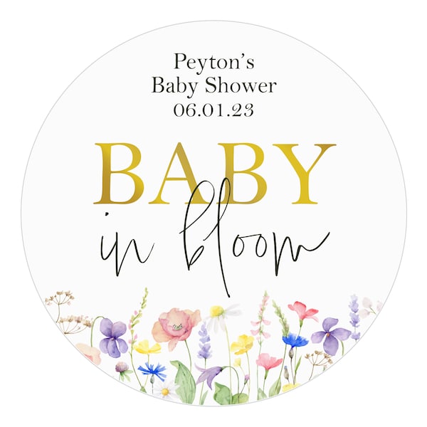 Baby in Bloom Shower Favor Stickers, Personalized Favor Labels, Spring Flowers, Wildflowers, Garden Flowers, Thank you Stickers, Circle