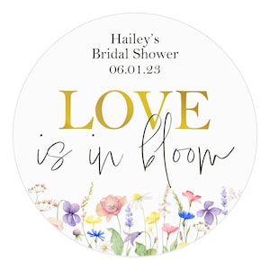 Love is in Bloom Bridal Shower Favor Stickers, Personalized Favor Labels, Spring, Wildflowers, Garden Flowers, Thank you Stickers, Circle