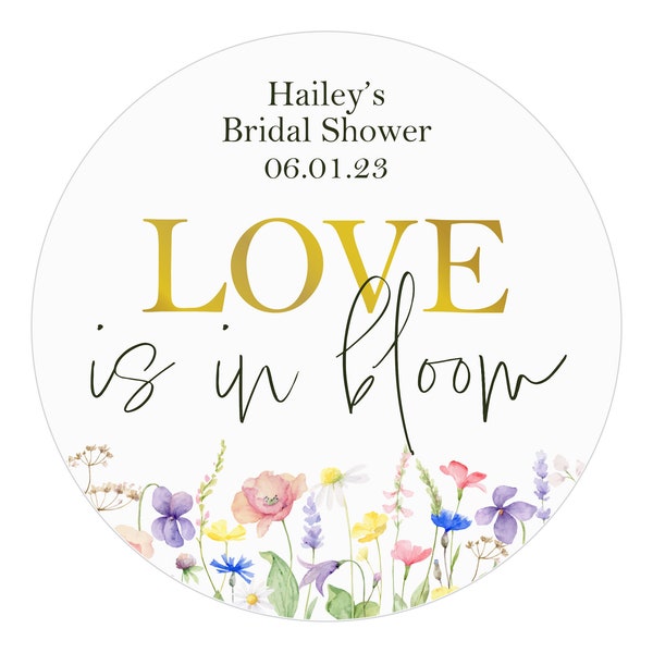 Love is in Bloom Bridal Shower Favor Stickers, Personalized Favor Labels, Spring, Wildflowers, Garden Flowers, Thank you Stickers, Circle