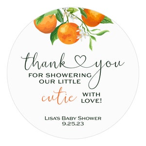 Thank You for Showering Our Little Cutie Baby Shower Favor Stickers, Personalized Labels, Watercolor Orange, Mandarin, Clementine, Circle