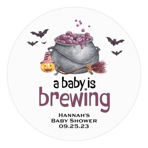 A Baby is Brewing Baby Shower Favor Stickers, Halloween, Cauldron, Witch Broom, Personalized Party Labels, Thank you Stickers, Circle