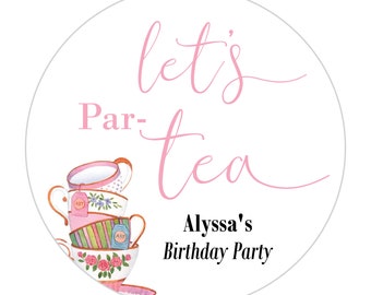 Tea Party Birthday Stickers, Pink Par-tea, Kid Party, Party Favor Sticker, Girl Party, Stacked Tea Cups