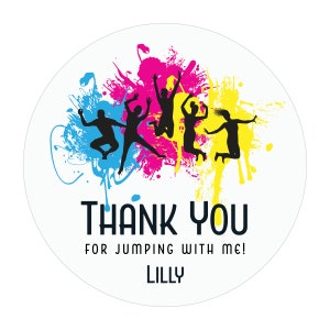 May include: A white circular sticker with a colorful design. The design features black silhouettes of people jumping, set against a backdrop of blue, pink, and yellow paint splatters. Text reads "THANK YOU FOR JUMPING WITH ME!" and "LILLY".
