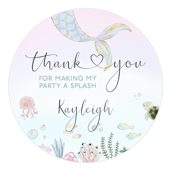 Mermaid Birthday Stickers, Thank You for Making My Party a Splash Favor Stickers, Party Labels, Kid Party, Shower Label, Party Favor Sticker