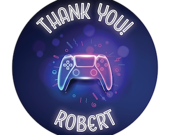 Video Game Birthday Stickers, Thank You Favor Labels, Neon Colors, Colorful, Controller, Personalized Party Labels